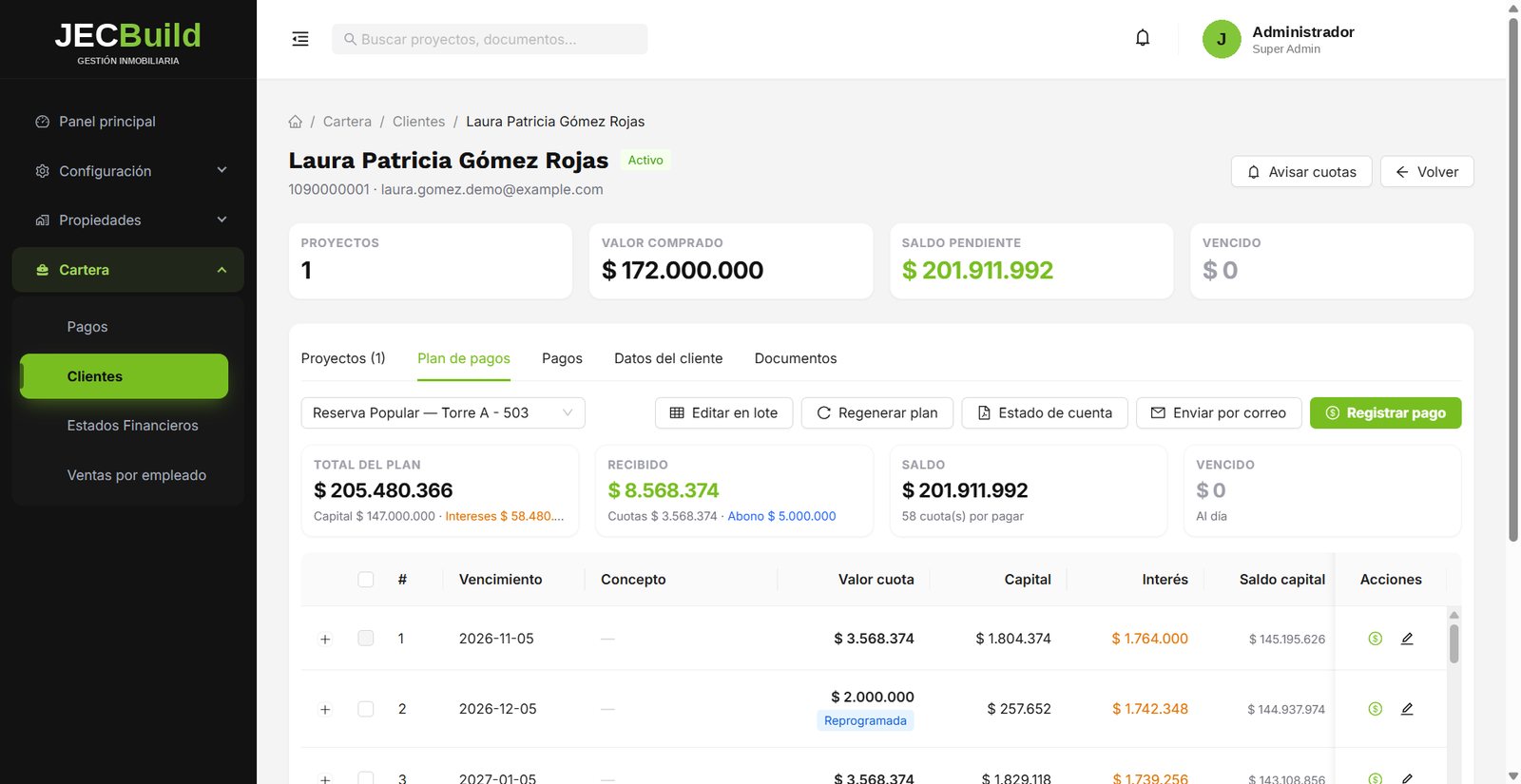 Plan de pagos de un cliente en JECBuild