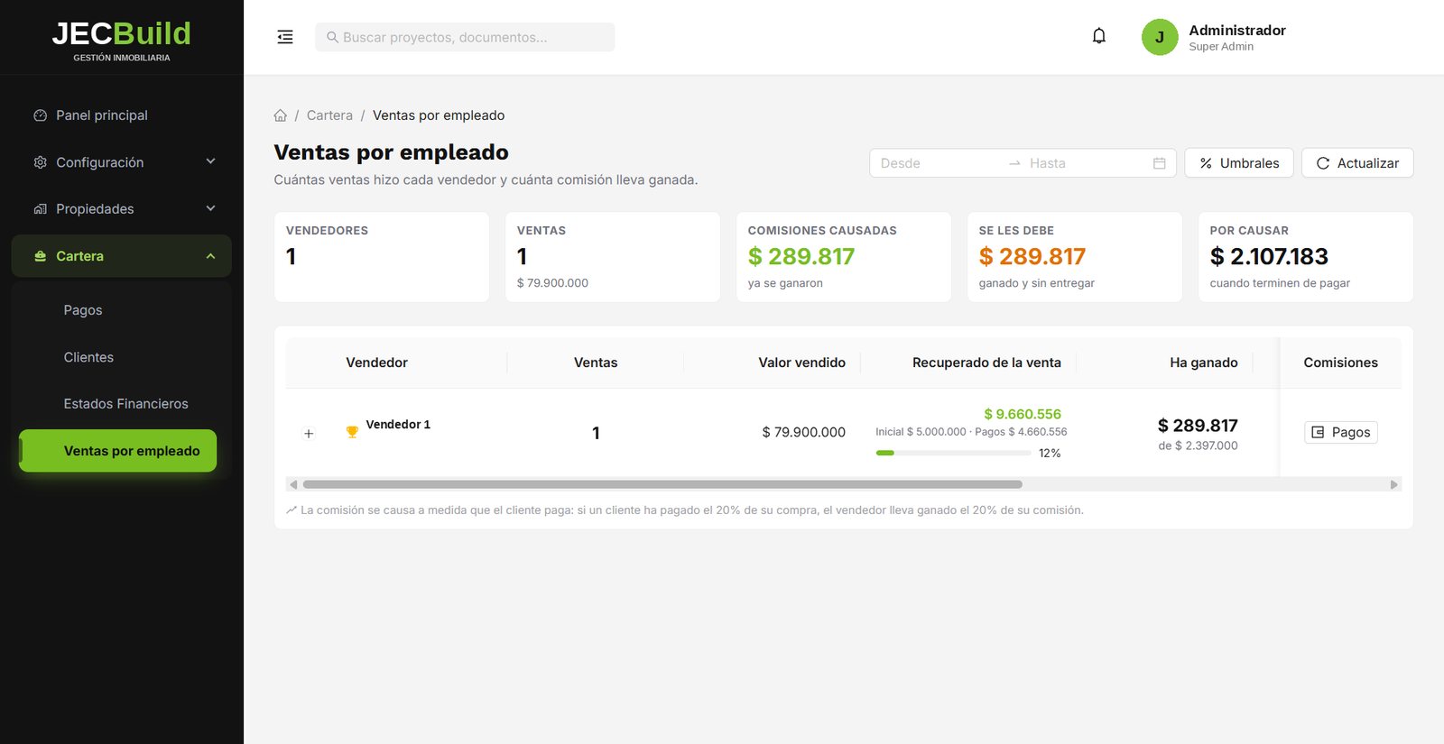 Ventas y comisiones por empleado en JECBuild